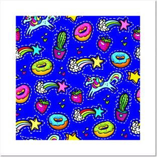 1980's Neck Gator Rainbows Unicorns Donuts Cactus Strawberries Blue 80's Neck Gator Posters and Art